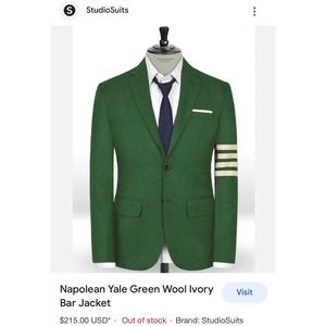 STUDIOSUITS Hand Crafted 2 Button Napolean Yale Green Wool Ivory Bar Jacket